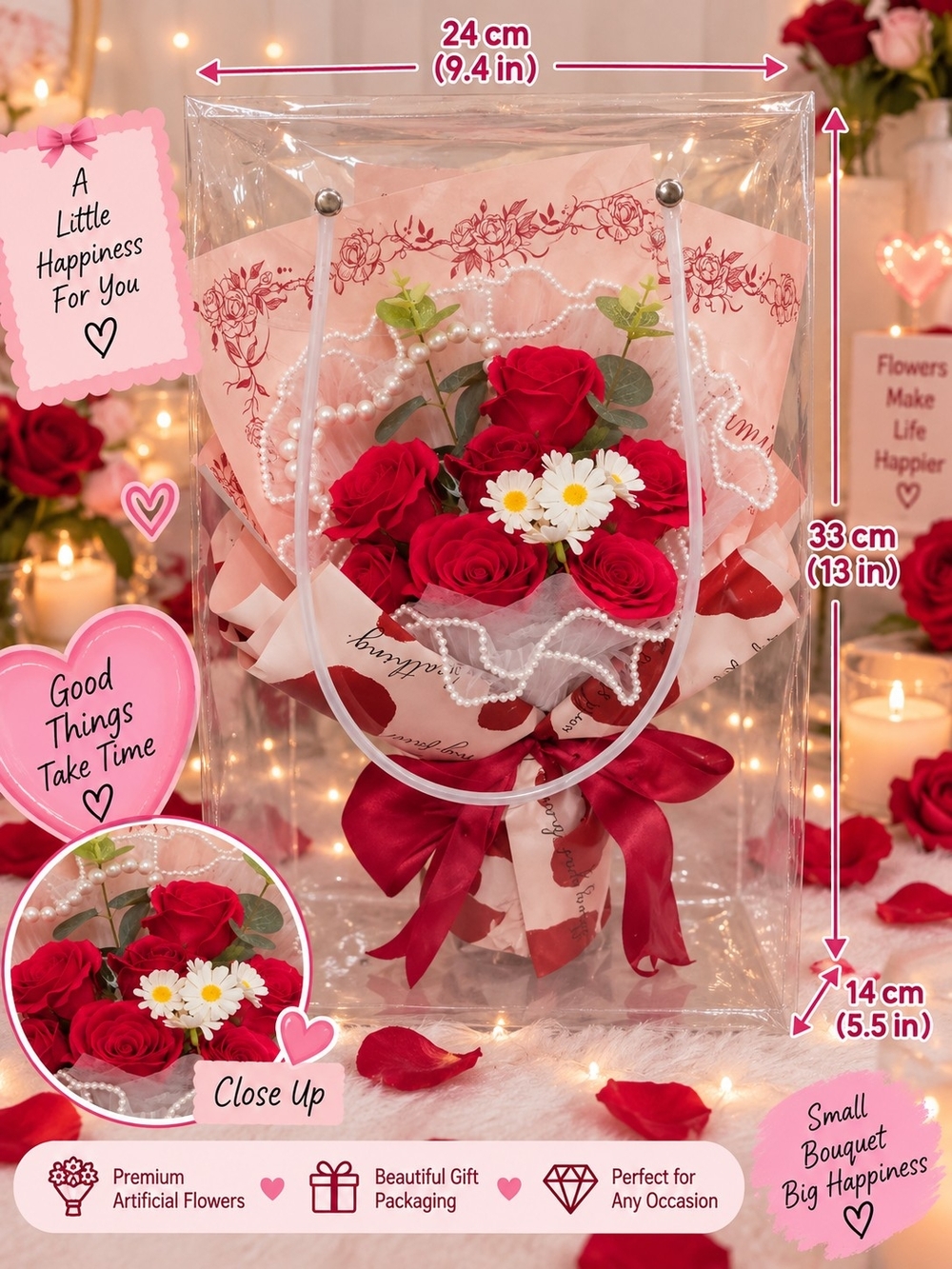 Premium Artificial Red Rose Bouquet Gift with Pink Wrapping